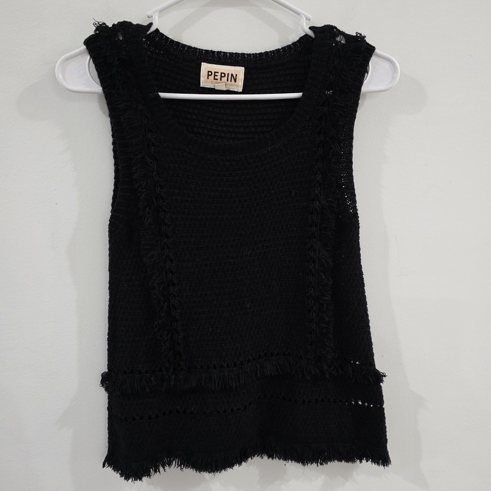 Anthropologie Pepin Womens Crochet Top Small Black‎ Fringe Sleeveless Semi Sheer